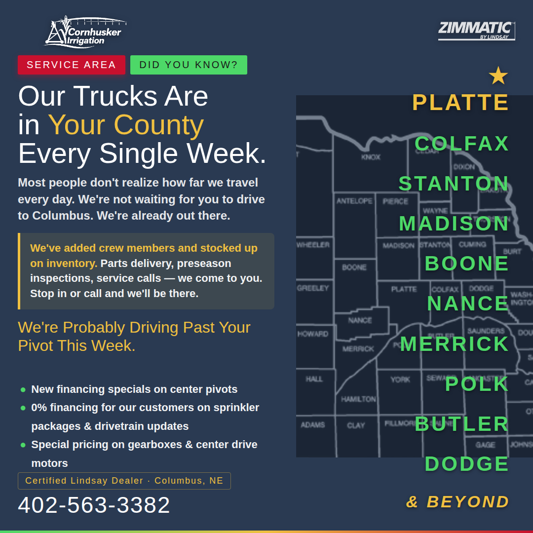 Cornhusker Irrigation 10 county service area map